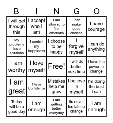 Positive Self-Talk Bingo Card