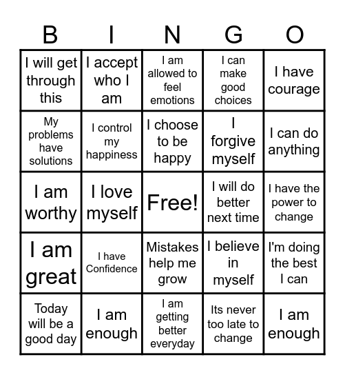 Positive Self-Talk Bingo Card