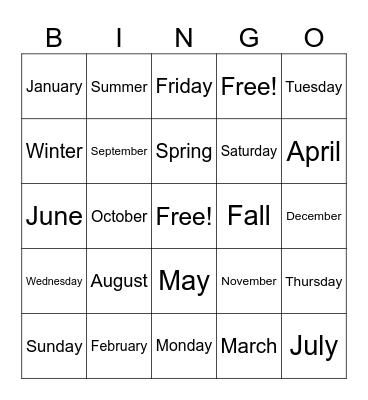 Days & Months BINGO Card