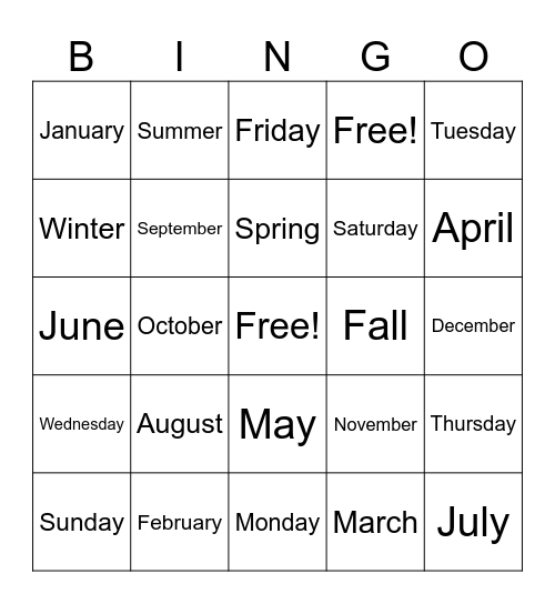 Days & Months BINGO Card