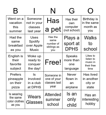 High School Classmate Bingo Card