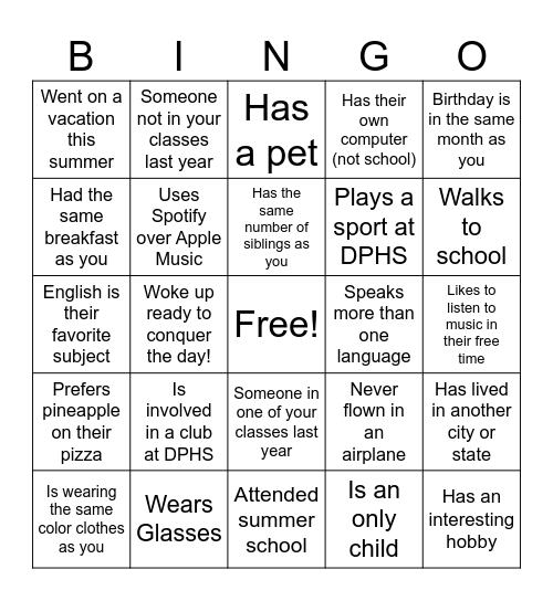 High School Classmate Bingo Card