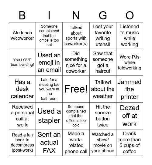 Workplace Bingo Card