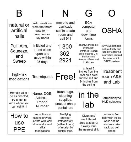 Safety Rounds Bingo Card