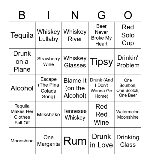 Songs About Alcohol Bingo Card