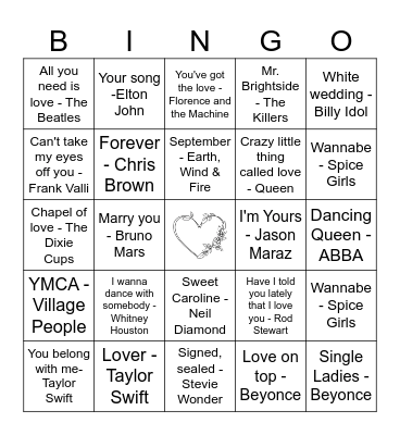 Wedding Song Bingo Card