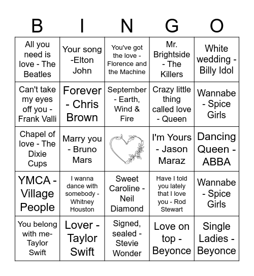 Wedding Song Bingo Card