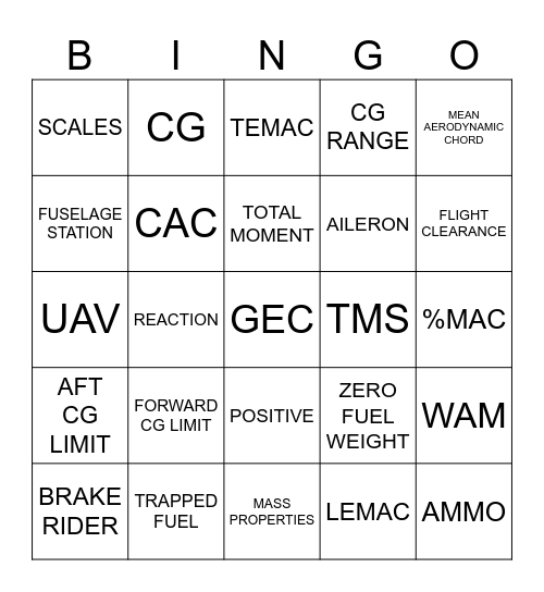 AIRCRAFT WEIGHT AND BALANCE BINGO Card