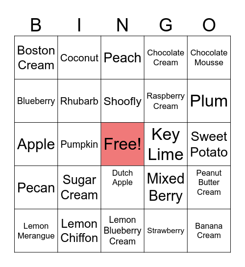 P.I.E. Bingo Card