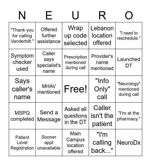 Neuro Cross -Training BINGO Card