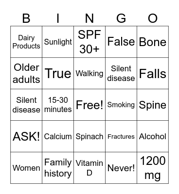 Osteoporosis Bingo Card