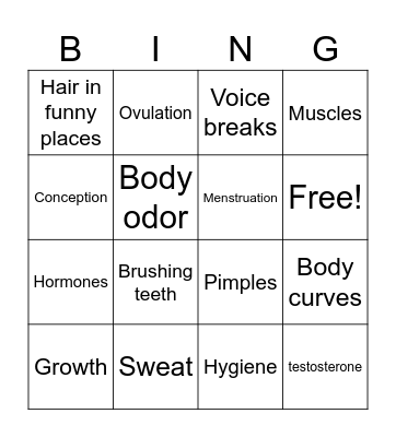 Puberty Bingo Card