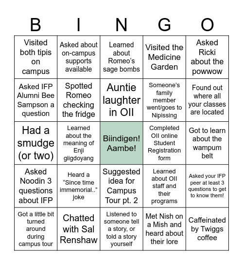 Indigenous Foundations Program Orientation Bingo Card