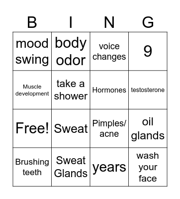 Puberty Bingo Card