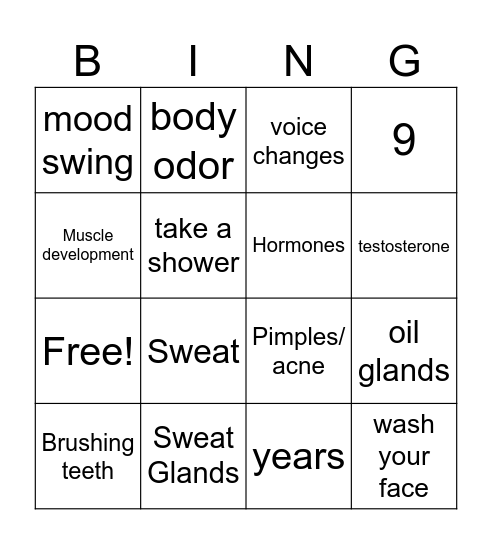 Puberty Bingo Card