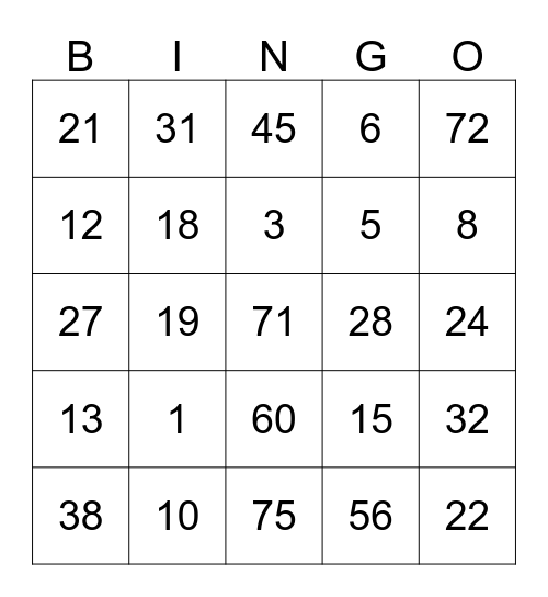 Jade's bingo card Bingo Card