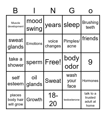 Puberty Bingo Card