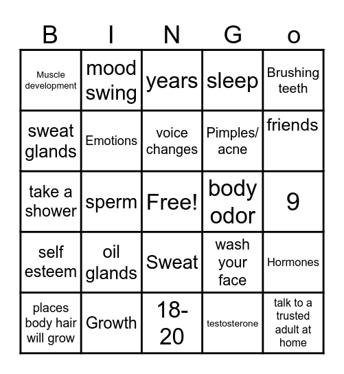 Puberty Bingo Card