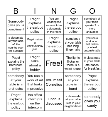 first day bingo Card