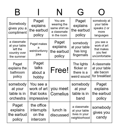 first day bingo Card