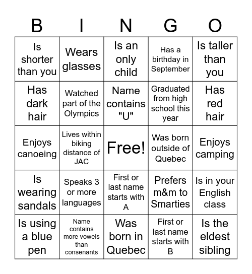 First Day with Suzanne Bingo Card