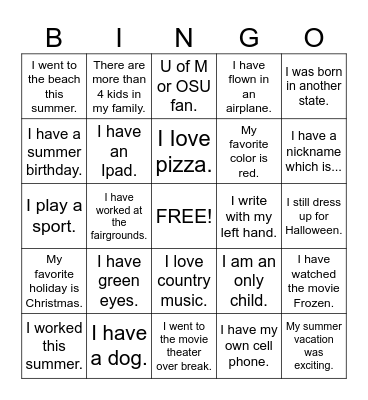 Back to School Bingo Card