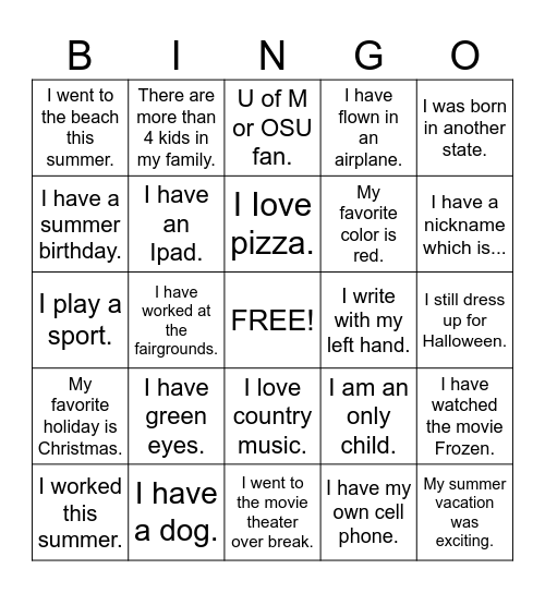 Back to School Bingo Card