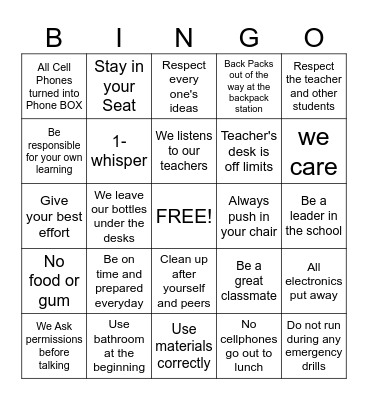 Class Rules and Expectations Bingo Card