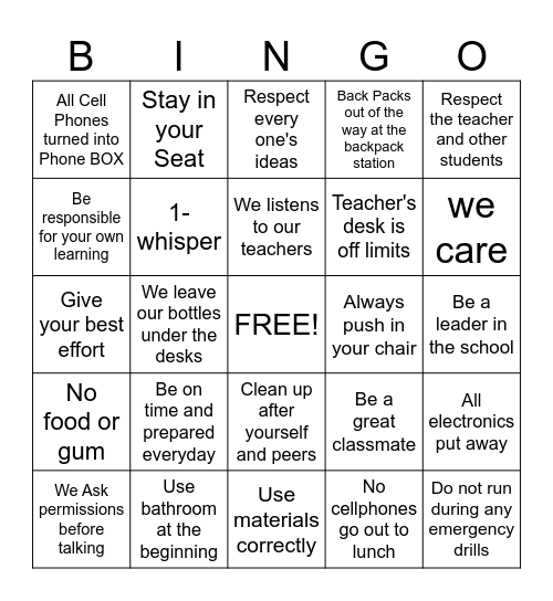 Class Rules and Expectations Bingo Card