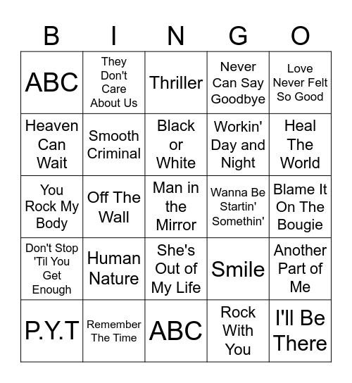 Michael Jackson Bingo Card