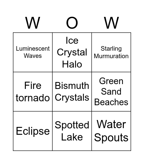 WOW! Phenomena Bingo Card