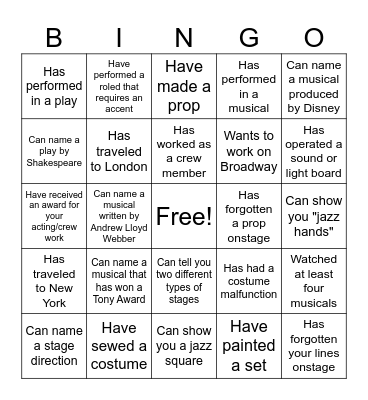 Get to know you BINGO (Theatre style) Bingo Card
