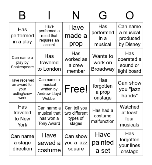 Get to know you BINGO (Theatre style) Bingo Card