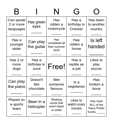 Human Scavenger Hunt Bingo Card