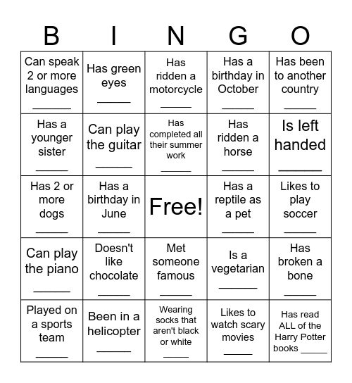 Human Scavenger Hunt Bingo Card