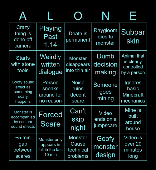 Solo RayGloom Creepypasa Bingo Card