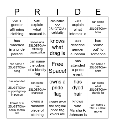 2SLGBTQIA+ Group Pride Bingo Card