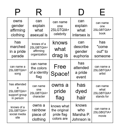 2SLGBTQIA+ Group Pride Bingo Card