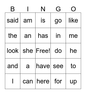 KG sight words Bingo Card