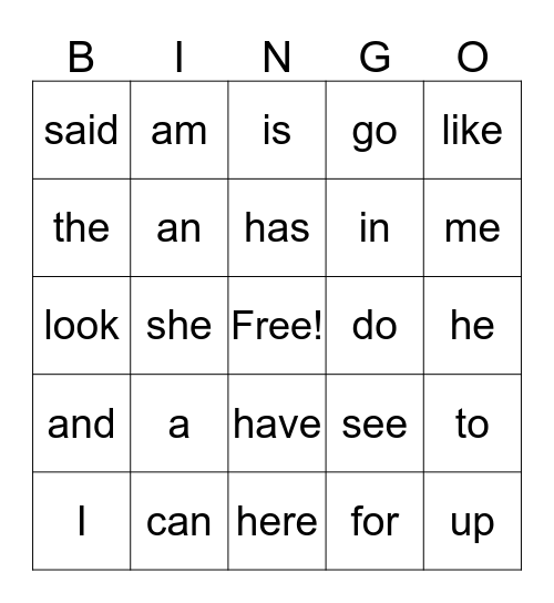 KG sight words Bingo Card