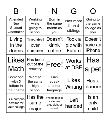 DSF Welcome Bingo Card