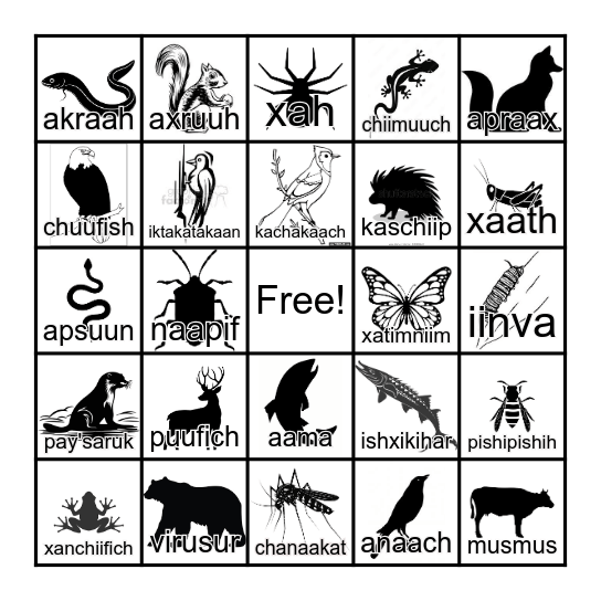Karuk Language Animal Bingo Card