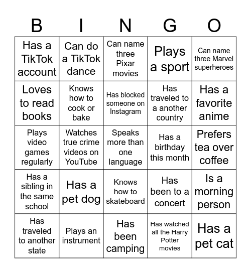 Icebreaker Bingo Card