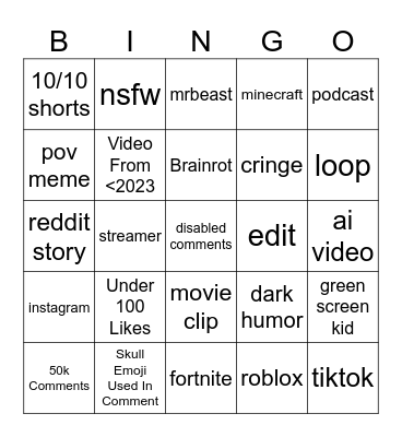 Youtube Shorts Bingo Card