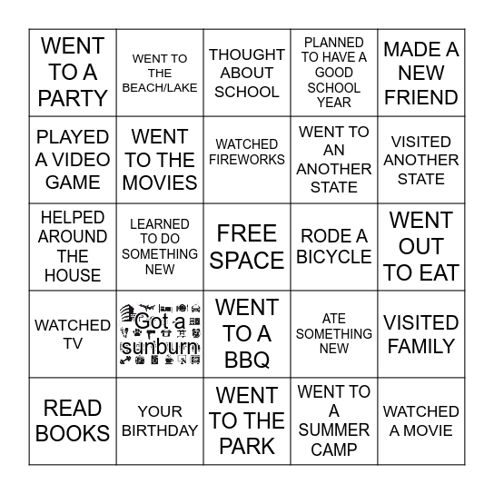 Summer Break Bingo Card