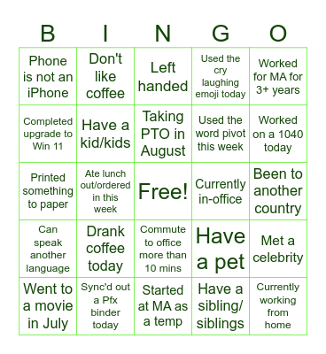 Business Services Bingo Card
