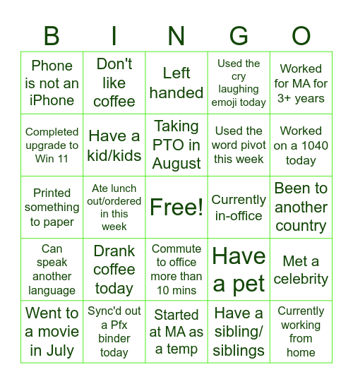 Business Services Bingo Card