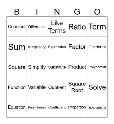 Middle School Bingo Card