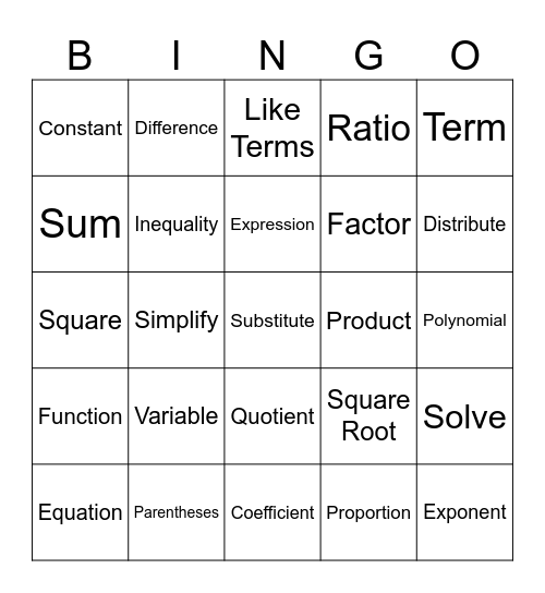 Middle School Bingo Card