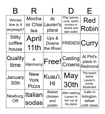 Bridal Bingo! Bingo Card